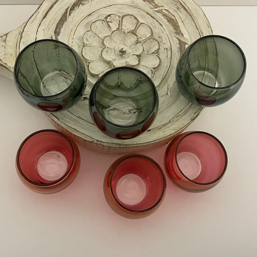 CRATE & BARREL Set/6 round green and red opaque tea light candle votive holders